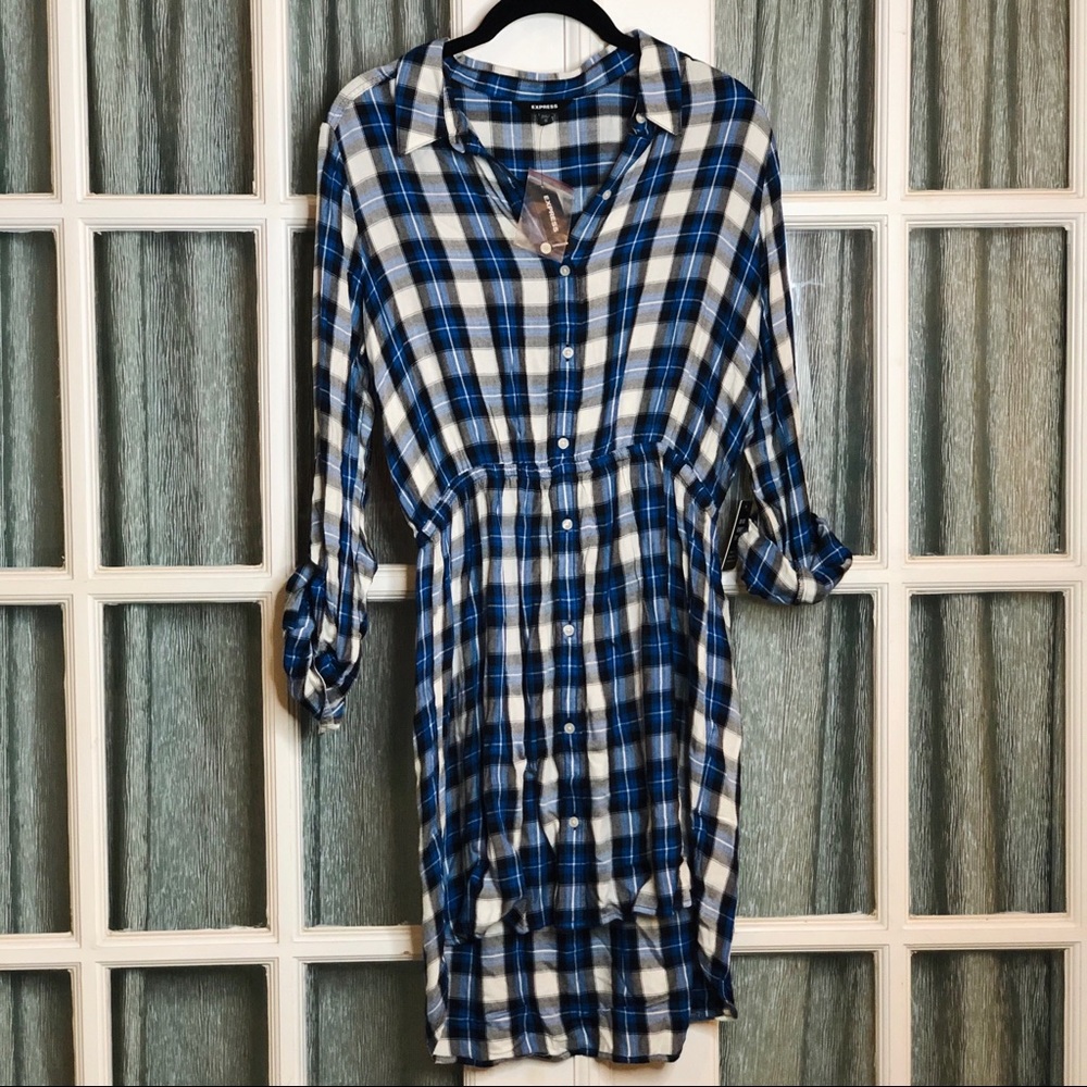 Express plaid blue black white medium dress NWT